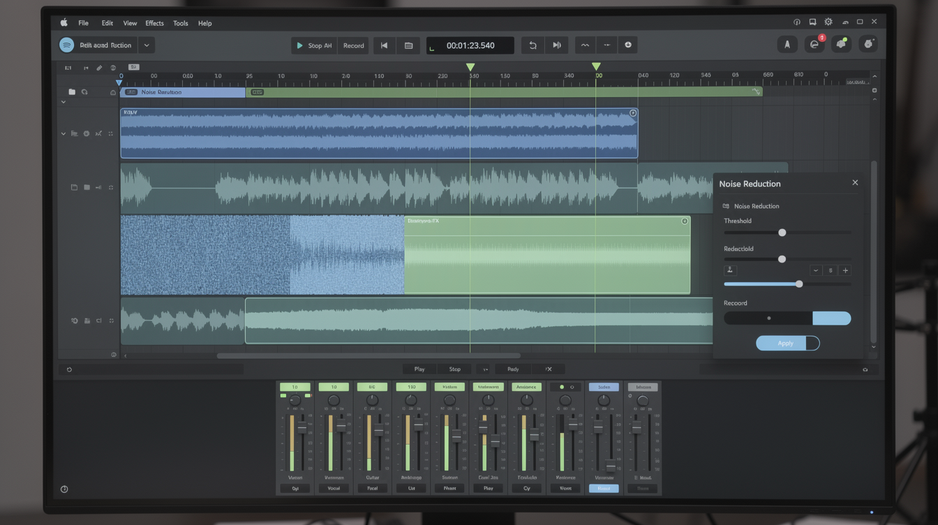 An audio editing application showing the waveform of a podcast episode mid-edit, with noise reduction and levels applied