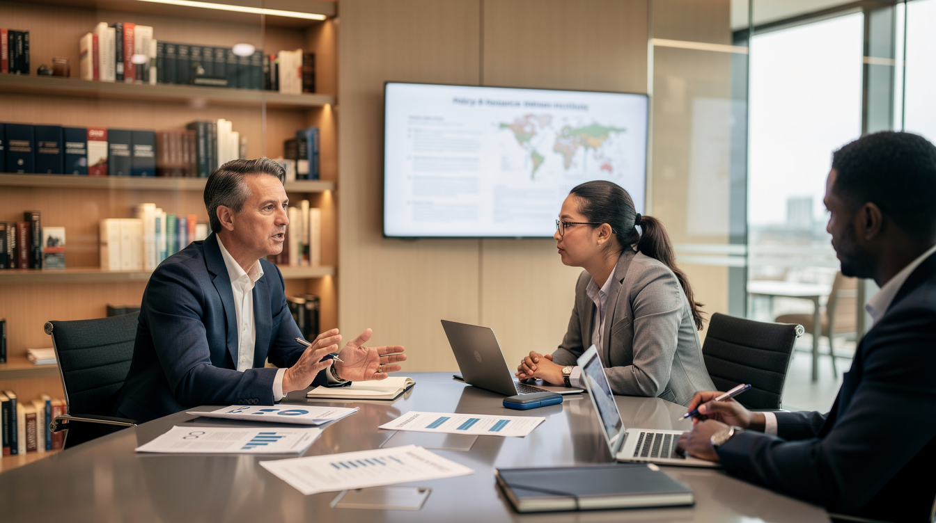 Researchers in discussion at a policy institute, the kind of conversation that forms the basis of think tank podcast content