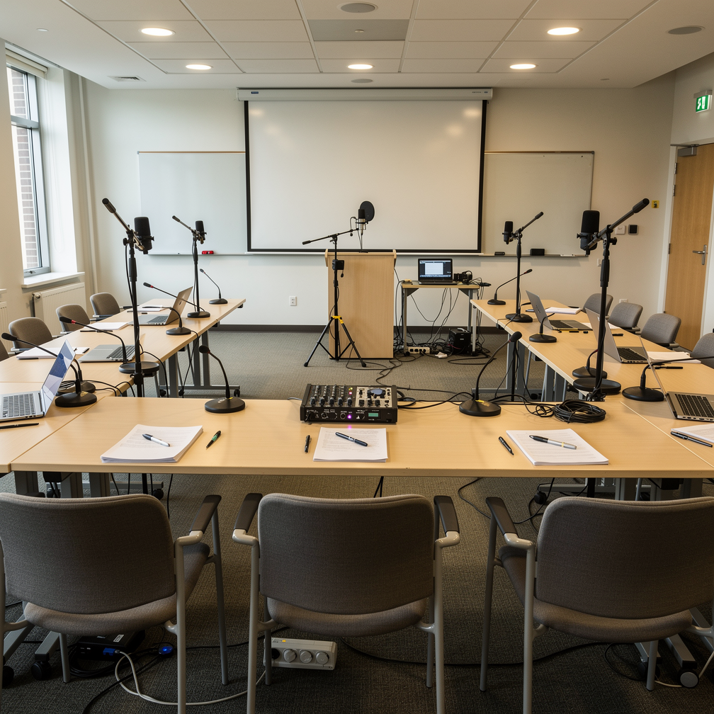 A university seminar room prepared for podcast recording, with microphones set up around a discussion table